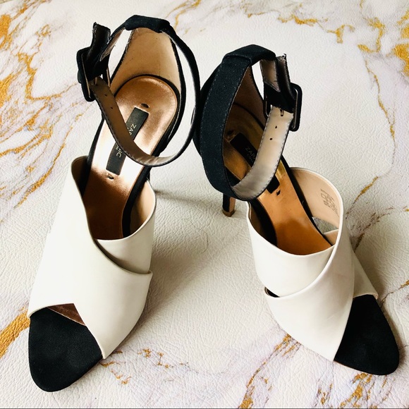 Zara Open-Toe Black and White Heels with Adjustable Strap - Picture 10 of 10